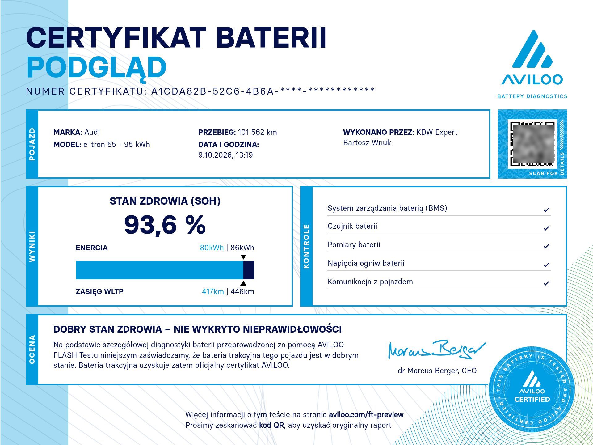 Przykładowe podsumowanie badania Audi e-tron 55 do ogłoszenia sprzedaży: SOH 93,6 procent i wyniki kontroli baterii